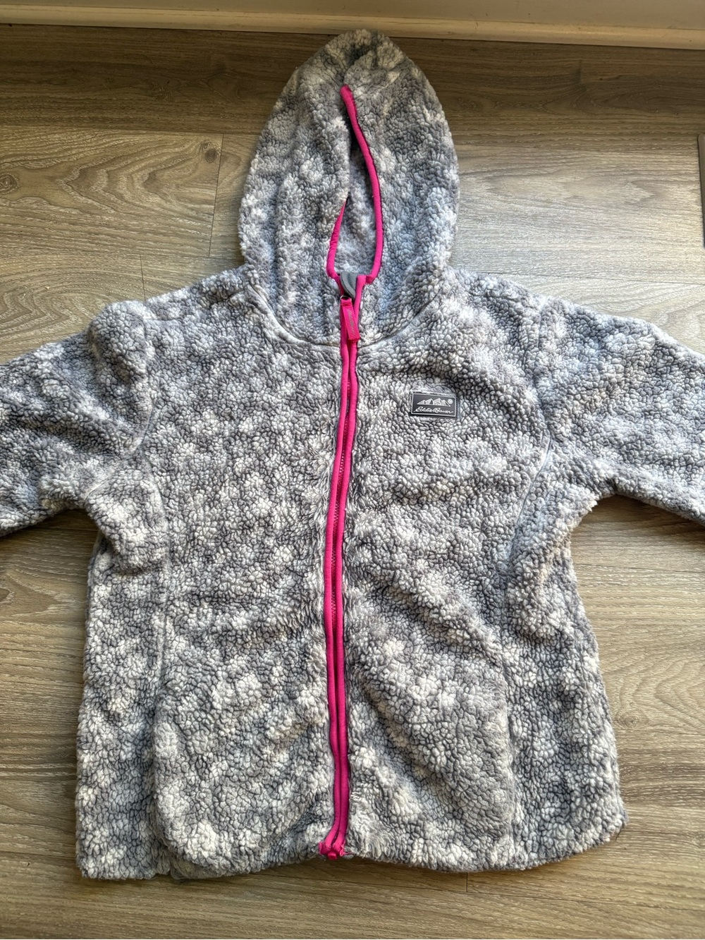 Eddie Bauer Gray Sherpa Hoodie with Pink Zipper Trim